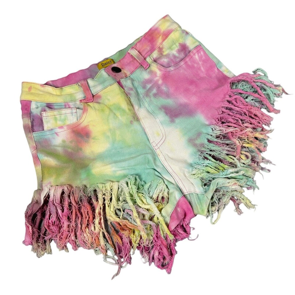 Daisy Denim Micro Shorts Stretchy Size S Fringe Colorful Hot Pants